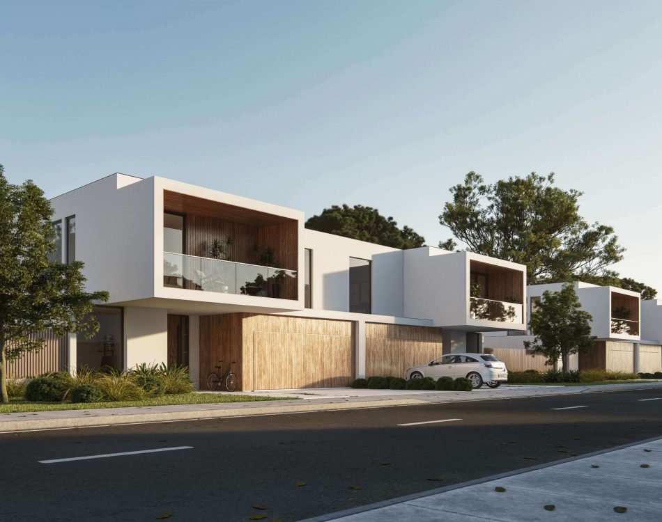Exterior | Quinta da Ouriça | Residential Complex Photo-realistic 3D render semi-detached houses, wood covered walls, wood balcony, green areas, street, leaves, trees, bushes, green grass