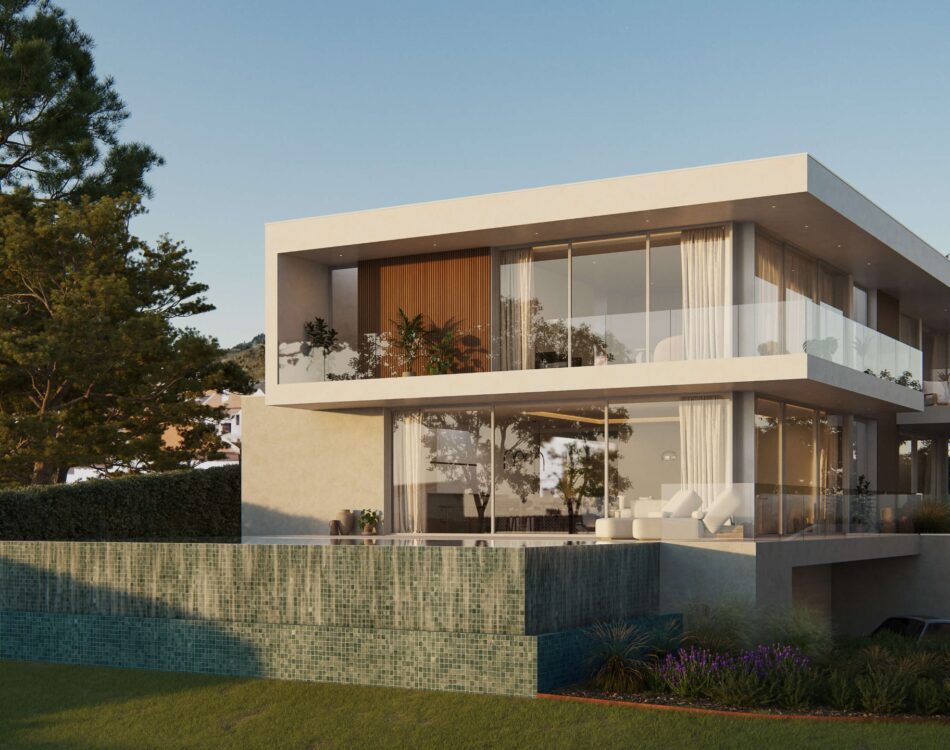 Azenhas do Mar, Portugal Modern two-story luxury villa with large glass windows, a spacious upper balcony, and a multi-level infinity pool.